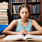 **Image:** A stressed student surrounded by books, taking deep breaths with eyes closed, incorporating yoga elements. The scene should convey a sense of calm amidst exam preparation chaos, suggesting stress management techniques.