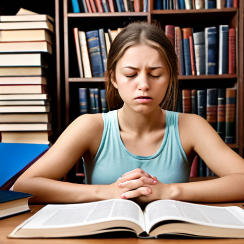 **Image:** A stressed student surrounded by books, taking deep breaths with eyes closed, incorporating yoga elements. The scene should convey a sense of calm amidst exam preparation chaos, suggesting stress management techniques.