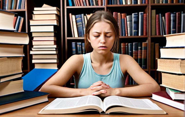 **Image:** A stressed student surrounded by books, taking deep breaths with eyes closed, incorporating yoga elements. The scene should convey a sense of calm amidst exam preparation chaos, suggesting stress management techniques.