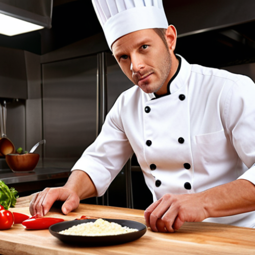 **

Confident chef displaying skills, focus on Western cooking techniques, innovative recipes, and culinary presentation.

**