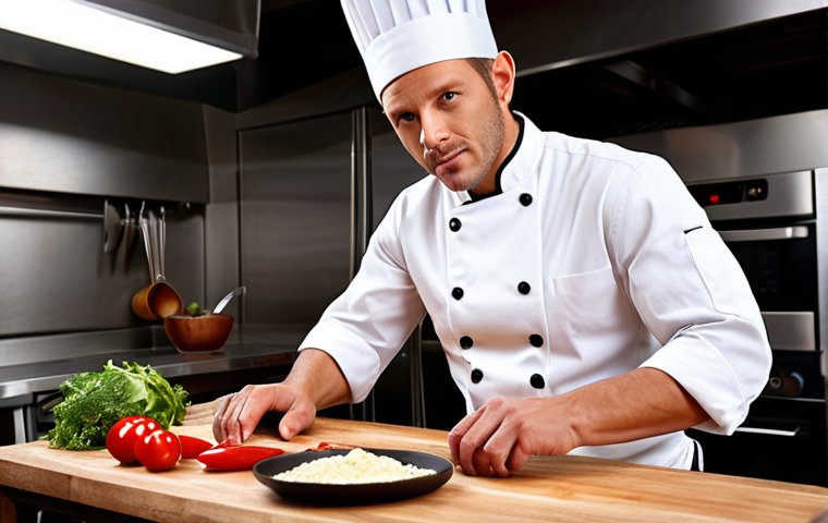 **

Confident chef displaying skills, focus on Western cooking techniques, innovative recipes, and culinary presentation.

**