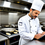 A professional chef, mid-30s, of neutral gender, dressed in a pristine white chef's uniform with a traditional toque. The chef is standing in a brightly lit, modern commercial kitchen, which features gleaming stainless steel counters, organized utensils, and visible fresh produce. The chef is intently reviewing a digital tablet displaying information related to HACCP food safety standards, with a focused and serious expression. In the background, a diverse team of chefs, fully clothed in appropriate attire, is working cohesively, showcasing a multicultural and highly organized kitchen environment. This image emphasizes global culinary standards and continuous learning. safe for work, appropriate content, fully clothed, professional, perfect anatomy, correct proportions, natural pose, well-formed hands, proper finger count, natural body proportions, professional photography, high resolution, realistic.