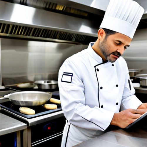 A professional chef, mid-30s, of neutral gender, dressed in a pristine white chef's uniform with a traditional toque. The chef is standing in a brightly lit, modern commercial kitchen, which features gleaming stainless steel counters, organized utensils, and visible fresh produce. The chef is intently reviewing a digital tablet displaying information related to HACCP food safety standards, with a focused and serious expression. In the background, a diverse team of chefs, fully clothed in appropriate attire, is working cohesively, showcasing a multicultural and highly organized kitchen environment. This image emphasizes global culinary standards and continuous learning. safe for work, appropriate content, fully clothed, professional, perfect anatomy, correct proportions, natural pose, well-formed hands, proper finger count, natural body proportions, professional photography, high resolution, realistic.