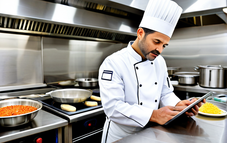 A professional chef, mid-30s, of neutral gender, dressed in a pristine white chef's uniform with a traditional toque. The chef is standing in a brightly lit, modern commercial kitchen, which features gleaming stainless steel counters, organized utensils, and visible fresh produce. The chef is intently reviewing a digital tablet displaying information related to HACCP food safety standards, with a focused and serious expression. In the background, a diverse team of chefs, fully clothed in appropriate attire, is working cohesively, showcasing a multicultural and highly organized kitchen environment. This image emphasizes global culinary standards and continuous learning. safe for work, appropriate content, fully clothed, professional, perfect anatomy, correct proportions, natural pose, well-formed hands, proper finger count, natural body proportions, professional photography, high resolution, realistic.