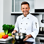 **

"A professional chef, fully clothed in chef's whites, standing in a modern, well-equipped kitchen. The chef is smiling confidently, holding a whisk and mixing ingredients in a stainless steel bowl. Background includes various cooking utensils and fresh produce. Perfect anatomy, correct proportions, well-formed hands, safe for work, appropriate content, professional, family-friendly."

**
