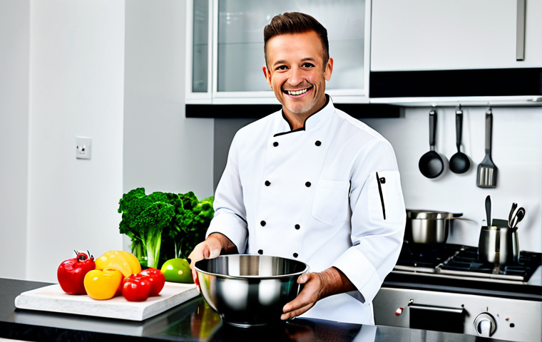 **
"A professional chef, fully clothed in chef's whites, standing in a modern, well-equipped kitchen. The chef is smiling confidently, holding a whisk and mixing ingredients in a stainless steel bowl. Background includes various cooking utensils and fresh produce. Perfect anatomy, correct proportions, well-formed hands, safe for work, appropriate content, professional, family-friendly."
**