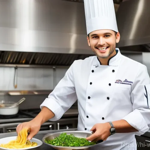 양식조리사로 이직 성공한 사례 인터뷰 - **Prompt:** "A young adult, formerly dressed in office attire, is now vibrantly happy and focused in...