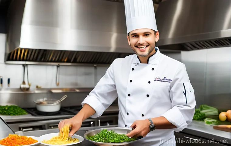 양식조리사로 이직 성공한 사례 인터뷰 - **Prompt:** "A young adult, formerly dressed in office attire, is now vibrantly happy and focused in...