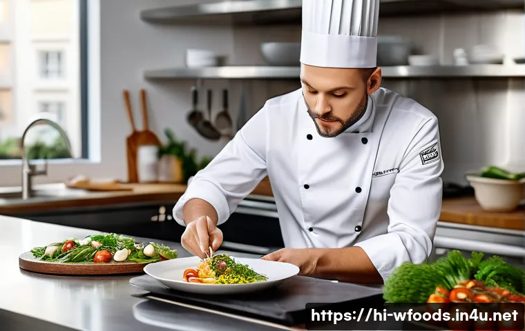 양식조리 기능사와 한식조리 기능사 비교 - A professional Western chef in a modern kitchen preparing French cuisine, wearing a white chef’s uni...
