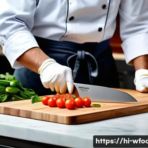 Home 32 양식조리사로 일하면서 필요한 도구 - A modern Indian kitchen scene featuring a chef skillfully using a sharp knife with an ergonomic hand...