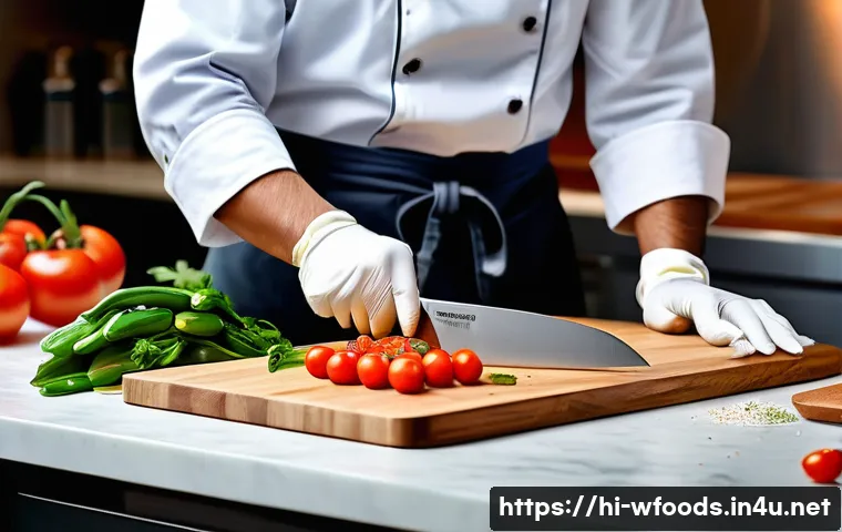 양식조리사로 일하면서 필요한 도구 - A modern Indian kitchen scene featuring a chef skillfully using a sharp knife with an ergonomic hand...