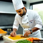 Home 18 호텔 조리사로 이직하기 위한 전략 - A professional Indian chef in a modern kitchen expertly chopping fresh vegetables with precision, vi...