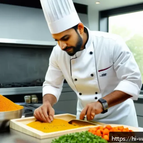 Home 30 호텔 조리사로 이직하기 위한 전략 - A professional Indian chef in a modern kitchen expertly chopping fresh vegetables with precision, vi...